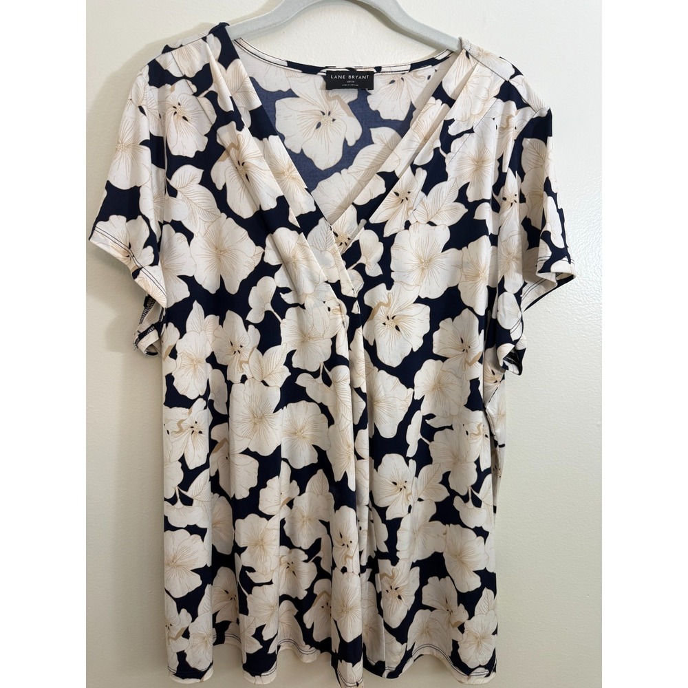 Lane Bryant Blouse Womens 18 20 Swing Style Pleat-front Blue Cream Flowes